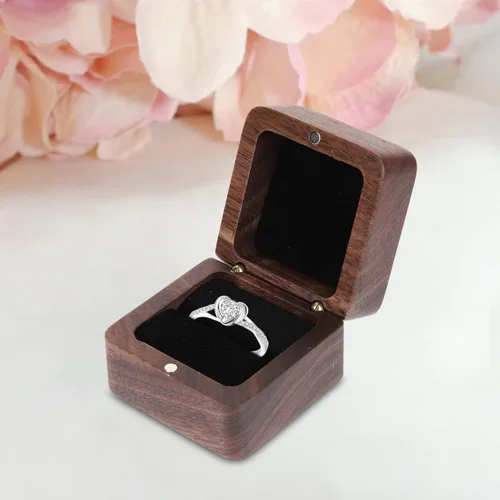 Vista 7 de USHOBE Caja de madera para anillos de madera, caja de anillo para el día de la boda, contenedor de propuesta de compromiso, funda rústica de un solo
