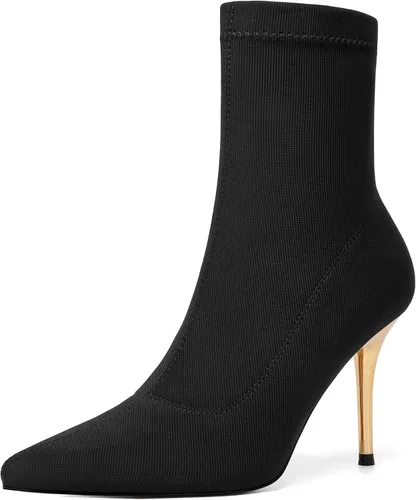 Vista 11 de vivianly Botines elásticos con punta puntiaguda, botas de tobillo a media pantorrilla, botas de tacón de aguja para mujer negro (Black-Stretch)