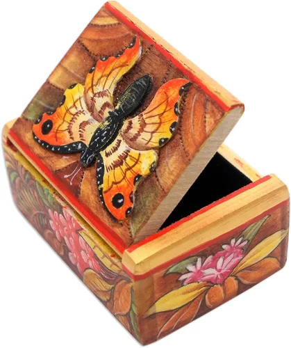 Vista 4 de NOVICA Joyero de mariposa de madera, multicolor, Butterfly Paradise