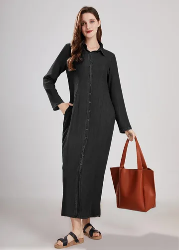 Vista 21 de utcoco Vestido largo casual de mezclilla con botones para mujer, con solapa, manga larga, con bolsillos