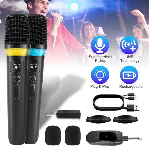 Vista 2 de Micrófonos inalámbricos UHF, micrófonos dinámicos de mano de metal con rango de 164 pies, luz RGB, micrófono vocal dinámico cardioide para fiesta