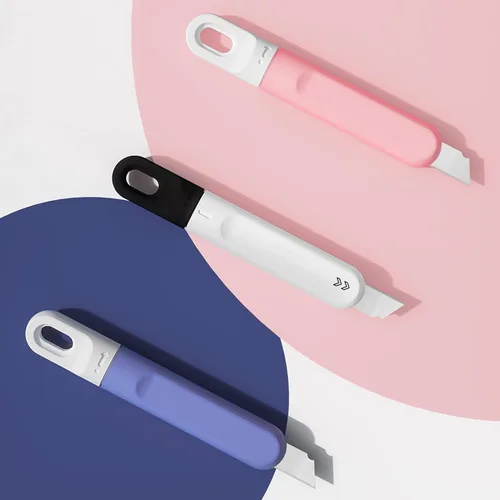 Vista 2 de 3 piezas de cortador de cajas pequeñas, cuchillo utilitario pequeño, mini cortador de caja rosa para mujeres que gira para retraer el abridor