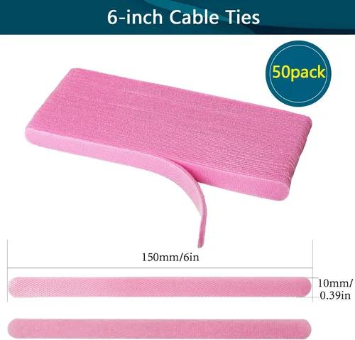 Vista 2 de YOVXLO 50 piezas bridas reutilizables de 6 pulgadas, lazos de sujeción ajustables, paño de microfibra para gestión de cables de conexión de Rosa
