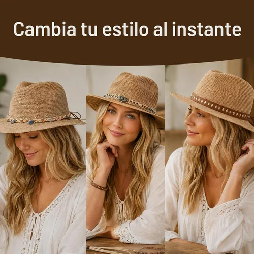 Vista 5 de Nollia Sombrero de vaquero de paja occidental para mujer, sombrero de sol de ala ancha con 3 bandas de cuentas intercambiables, ajuste ajustable