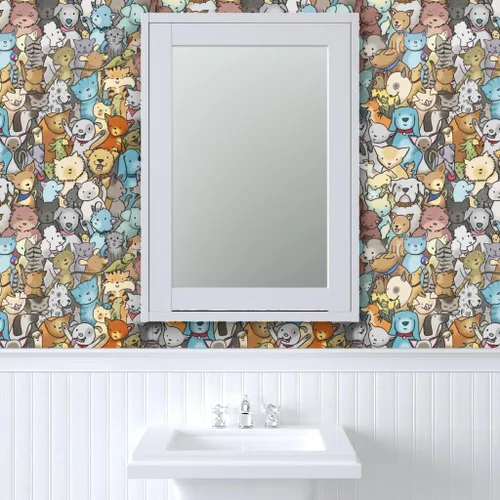 Vista 9 de Muestra de papel tapiz extraíble – Perros de rescate de mascotas animales lindos dibujos animados cuarto de niños gatos adoptar habitación