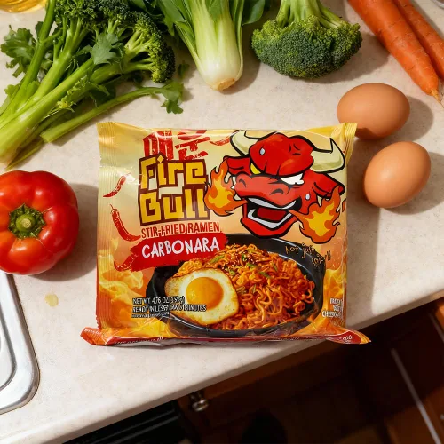 Vista 6 de Ramen Fire Bull - Ramen salteado de carbonara picante intenso Auténtico calor coreano se une a la delicia sabrosa Fideos gruesos y masticables