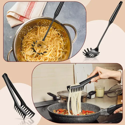 Vista 6 de Patelai Juego de cuchara de espagueti y pinzas para pasta, herramientas de servicio de fideos de mango largo con orificios de drenaje, agarre Negro
