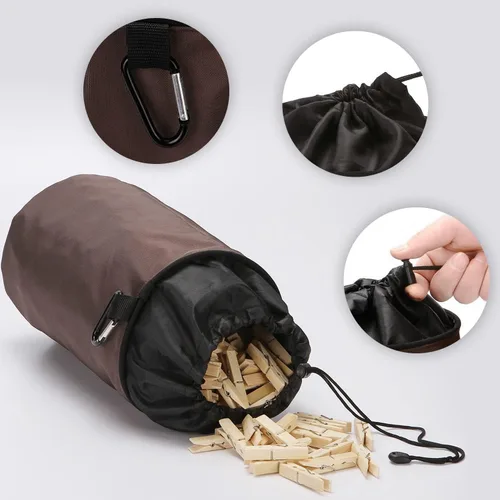 Vista 2 de Bolsa de soporte para pinzas para ropa al aire libre, resistente al agua con colgadorcierre de cordón (café)