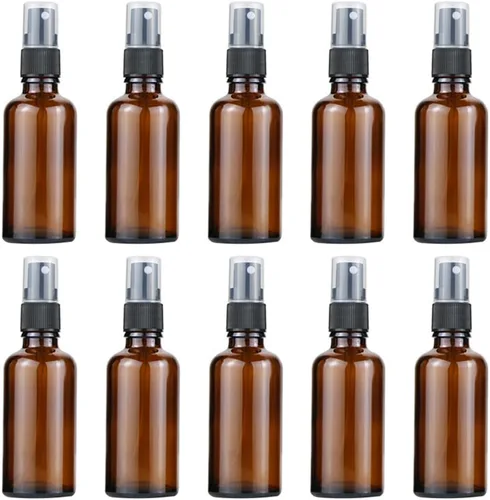 Vista 6 de Minibotellas de vidrio con atomizador de vidrio de ámbar oscuro, botellas de perfume portátiles vacías rellenables, botellas rociadoras de niebla