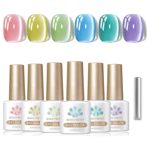 Vista 14 de Born Pretty Esmalte de uñas de gel magnético de ojos de gato verde, 6 colores brillantes con purpurina de cristal holográfico, salvia, oliva