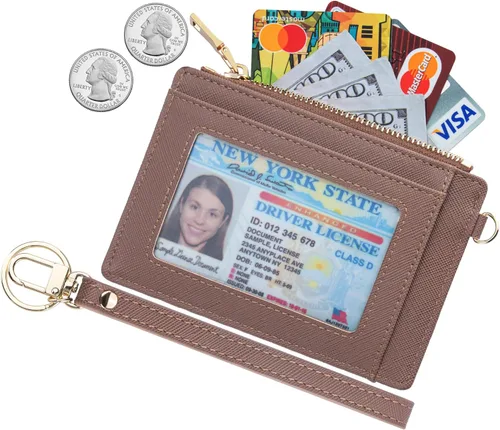 Vista 2 de Wikavanli Funda delgada para tarjetas de crédito con bloqueo Rfid para mujer, cartera con cremallera, cartera pequeña y compacta de cuero