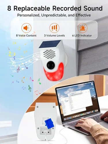 Vista 2 de PILSAMAS Alarma solar con sensor de movimiento con carga de voz personalizada: generador de ruido fuerte de 120 dB y luces estroboscópicas, control
