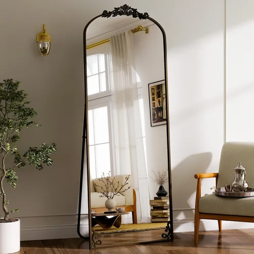 Vista 20 de GLSLAND Espejo Vintage - 72" x 44" Espejo de Cuerpo Completo Grande Tallado Arqueado con Marco de Metal Barroco Espejos de Cuerpo Completo para Negro