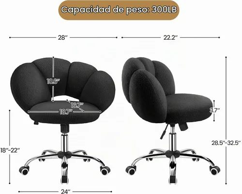 Vista 3 de Yaheetech Black Petal Boucle - Silla de escritorio para maquillaje con ruedas, giratoria, color negro