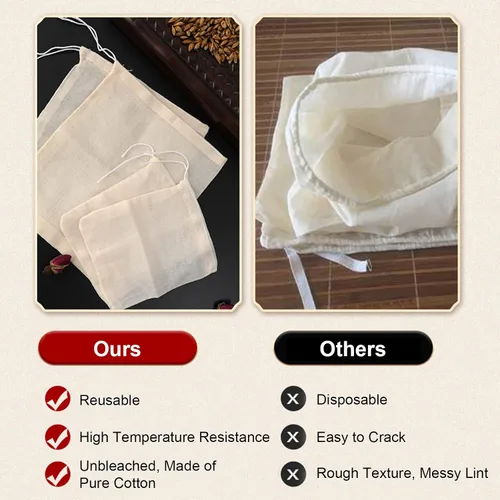 Vista 4 de Numola 50 bolsas de té de algodón sin blanquear, bolsas de té reutilizables con cordón para cocinar sopa, bolsa infusora de té orgánico natural