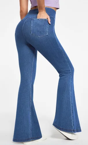 Vista 2 de IUGA Jeans acampanados para mujer, corte de bota, cruzado, cintura alta, parte inferior acampanada, pantalones de yoga de moda, leggings acampanados