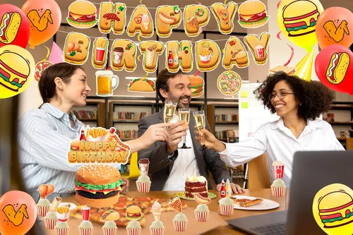 Vista 9 de Decoraciones de fiesta de comida rápida, papas fritas, pizza, hamburguesa, pollo frito, hot dog, suministros de fiesta, incluye pancarta