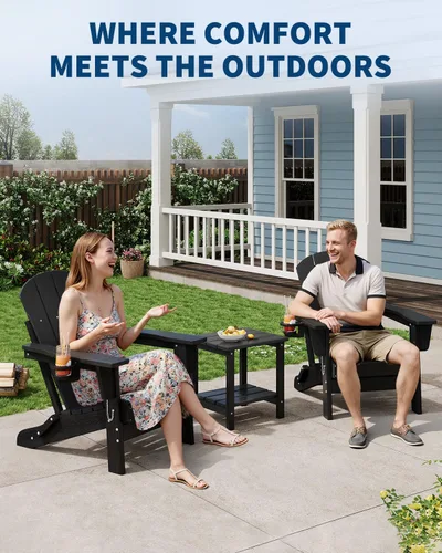 Vista 7 de Juego de 2 sillas Adirondack plegables HDPE con mesa auxiliar, color negro