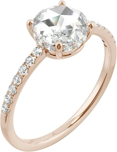 Vista 2 de Charles & Colvard - Anillo de compromiso con halo oculto de moissanita de oro rosa de 14 quilates de 0.256 in