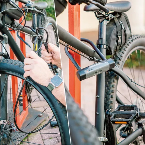 Vista 6 de Cerrojo en U para bicicleta con cable Via Velo, cerradura en U resistente antirrobo para bicicleta con cable de acero trenzado de 8 mm y 3 llaves
