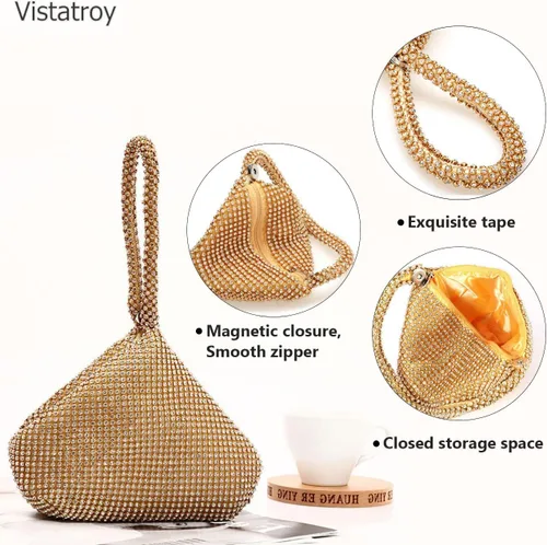 Vista 4 de Bolso de noche para mujer, con diamantes de imitación brillantes, triángulo, cadena de diseño, bolso de mano para fiesta, graduación, boda
