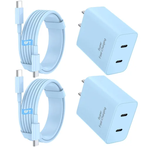 Vista 13 de Paquete de 2 cargadores súper rápidos USB C de doble puerto para teléfono Android tipo C, bloque de carga rápida con cable de carga tipo C de 6 pies