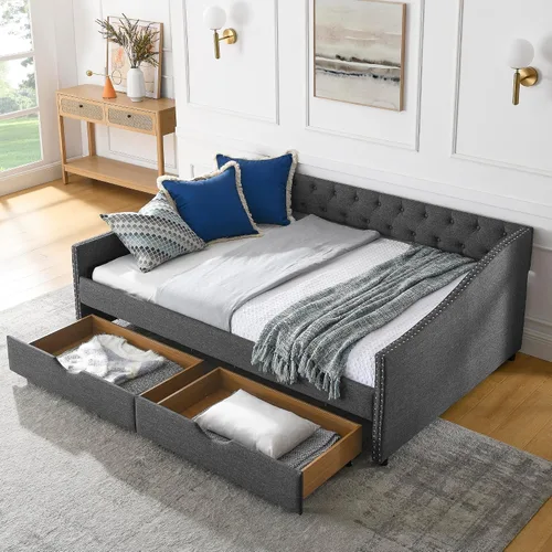 Vista 11 de Linuque - Sofá cama tapizado de tamaño matrimonial con 2 cajones de almacenamiento, marco de sofá cama de madera maciza con respaldo copetudo