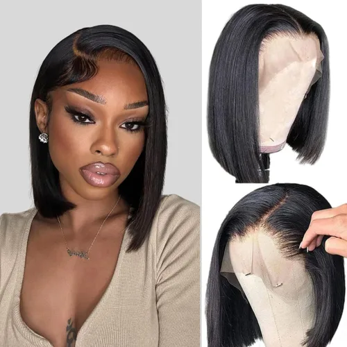 Vista 16 de ALHER Short Bob Wig Human Hair Small Cap Lace Front Wigs Straight, 13X4 Transparent Lace Frontal Wigs 180% Density for Women, Natural Color, Cap