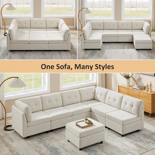 Vista 4 de VANOMi Sofá modular modular con otomana, sofás seccionales de 5 plazas para sala de estar, cómodo sofá nube de felpilla para sala de estar, Blanco