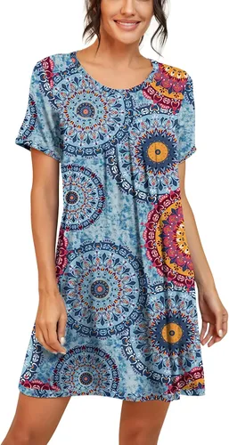 Vista 3 de PrinStory - Camisón de manga corta para mujer con plisado y cuello redondo