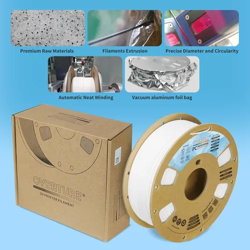 Vista 4 de OVERTURE Filamento profesional de PC, carrete de cartón, 1kg (2.2 lbs), probabilidad de precisión dimensional +/- 0.02mm, se adapta a la mayoría
