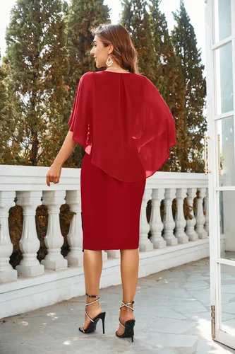 Vista 2 de Hanna Nikole Vestido de fiesta de talla grande para mujeres con curvas, de gasa, con volantes, favorecedor, manga de cabo, bodycon