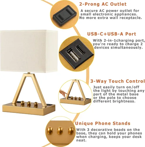 Vista 3 de Briever - Lámpara de mesa con control táctil, lámpara de escritorio regulable de 3 vías con USB C y USB A y tomacorriente AC, lámpara de noche