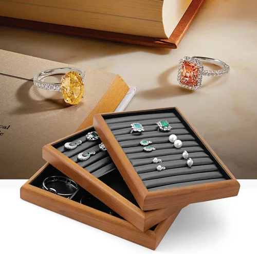 Vista 3 de Oirlv Bandeja de exhibición de anillos de joyería de madera negra Negro