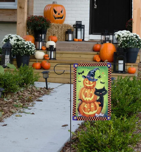 Vista 4 de Bandera de jardín de Halloween de calabazas de gato negro, 12 x 18 pulgadas, doble cara, decoraciones de Halloween, decoración del hogar, calabazas