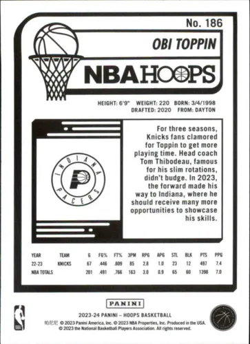Vista 2 de 2023-24 NBA Hoops Purple #186 Obi Toppin Indiana Pacers Official Panini Basketball Trading Card