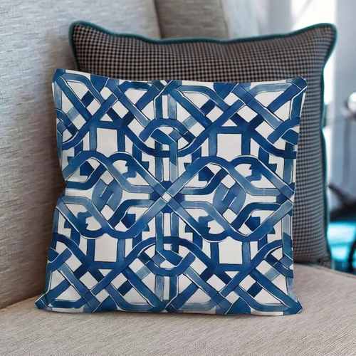 Vista 6 de Funda de cojín geométrica de enrejado de laberinto azul y blanco, funda de cojín decorativa de celosía Ming Trail, funda de almohada abstracta