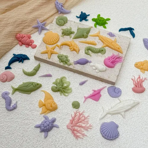 Vista 6 de Molde de silicona para pastel de temática marina, concha, coral, concha, tortuga, tiburón, forma de tiburón, para chocolate, caramelo, hielo, canle
