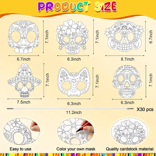 Vista 2 de Hollowfly 30 Pcs Day of The Dead Skulls Masks Craft Kits