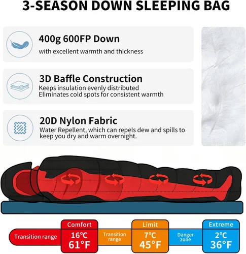 Vista 3 de Ultralight Down Sleeping Bag for Adults, 600 Fill Power Backpacking Warm And Cold Weather, 600 Fill Power Down, Compact Carry, Hiking Camping