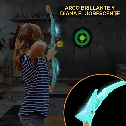 Vista 6 de Kmuxilal Paquete de 2 Arcos y Flechas para Niños con Luces LED Intermitentes, 14 Flechas con Ventosa y Diana de Pie Fluorescente - Juego de Tiro