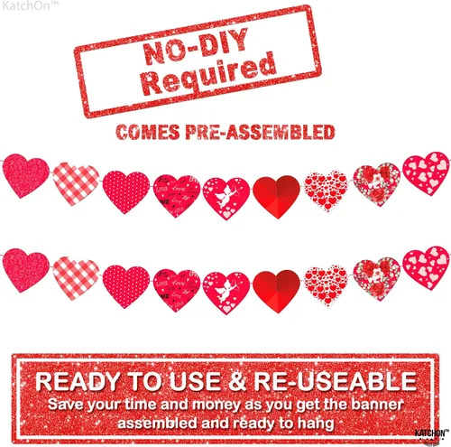 Vista 3 de KatchOn, Guirnalda de corazones de fieltro con estampado rojo – 10 pies, sin bricolaje Decoraciones del día de San Valentín Decoración