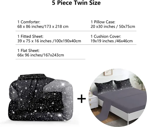 Vista 3 de ROWADALO DJTGB5001Twin - Juego de edredón de 5 piezas con purpurina gris y negro, tamaño individual, juego de ropa de cama de cielo estrellado