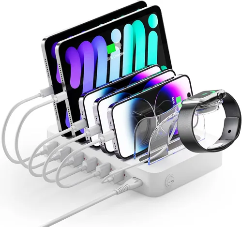 Vista 8 de Unitek Estación de carga USB múltiple – Base de carga USB C de 6 puertos con 2 PD de 20 W, organizador de estación de carga de múltiples