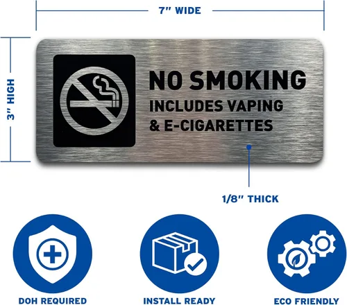 Vista 4 de Letrero de no fumar – Señales de no fumar no vapeo para negocios – Incluye tiras adhesivas para una fácil instalación – Cartel de metal cepillado