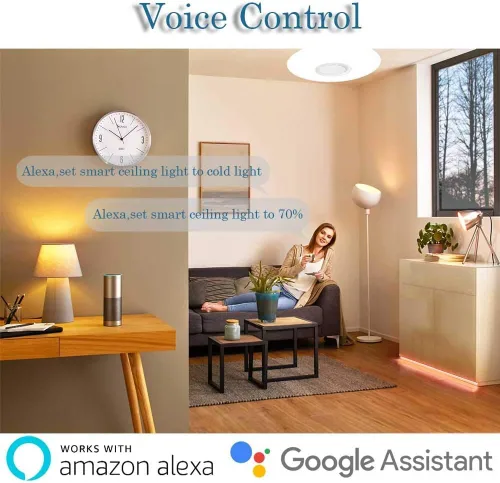 Vista 3 de Lámpara de techo con música WiFi mejorada con altavoz Bluetooth y control remoto, lámpara de techo regulable de 15 pulgadas compatible con Alexa