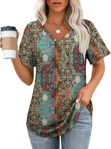 Vista 14 de OFEEFAN Camisetas básicas de manga corta con cuello en V para mujer, ajuste holgado, con dobladillo curvado B-verde
