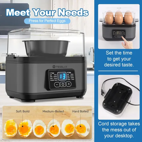 Vista 3 de Tesslux Cocedor Eléctrico Rápido de Huevos, Capacidad para 6 Huevos para Huevos Duros, Huevos Escalfados, Huevos Revueltos, o Fabricante de Gris