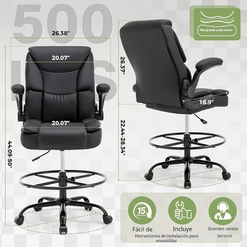 Vista 2 de Silla de Dibujo de 500 LBS, Silla de Escritorio de Pie Más Segura con Respaldo Alto, Silla de Oficina Alta Ejecutiva con Reposabrazos Abatibles