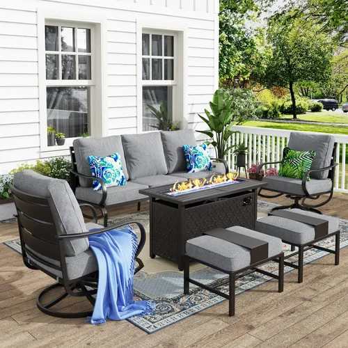 Vista 43 de MFSTUDIO Juego de 4 piezas de conversación para patio, marco de metal para todo tipo de clima, muebles de exterior con 1 mesa rectangular de propano